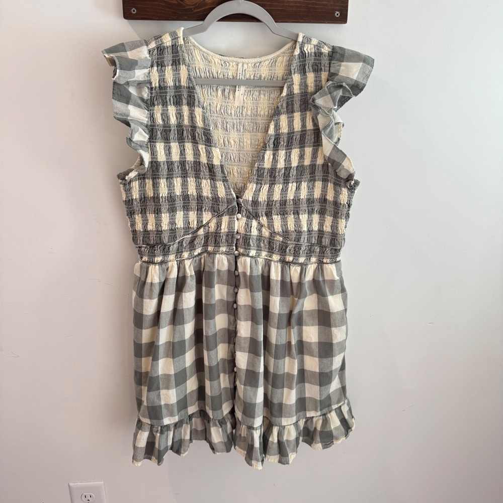 Anthropologie The Peregrine Mini Dress Gingham Smocked Button‎ Front XL